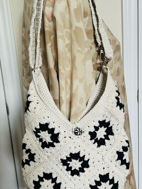Cream Crochet Shoulder Bag with Black Floral Squares